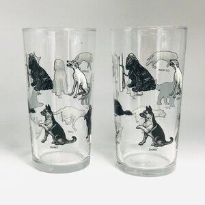 2 Fishs Eddy Dog Tricks Highball Glasses Mixed Breeds 12.5 Oz Black & White